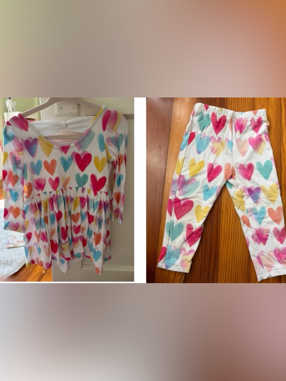 Little sleepies watercolor love bow back dress with bodysuit and leggings